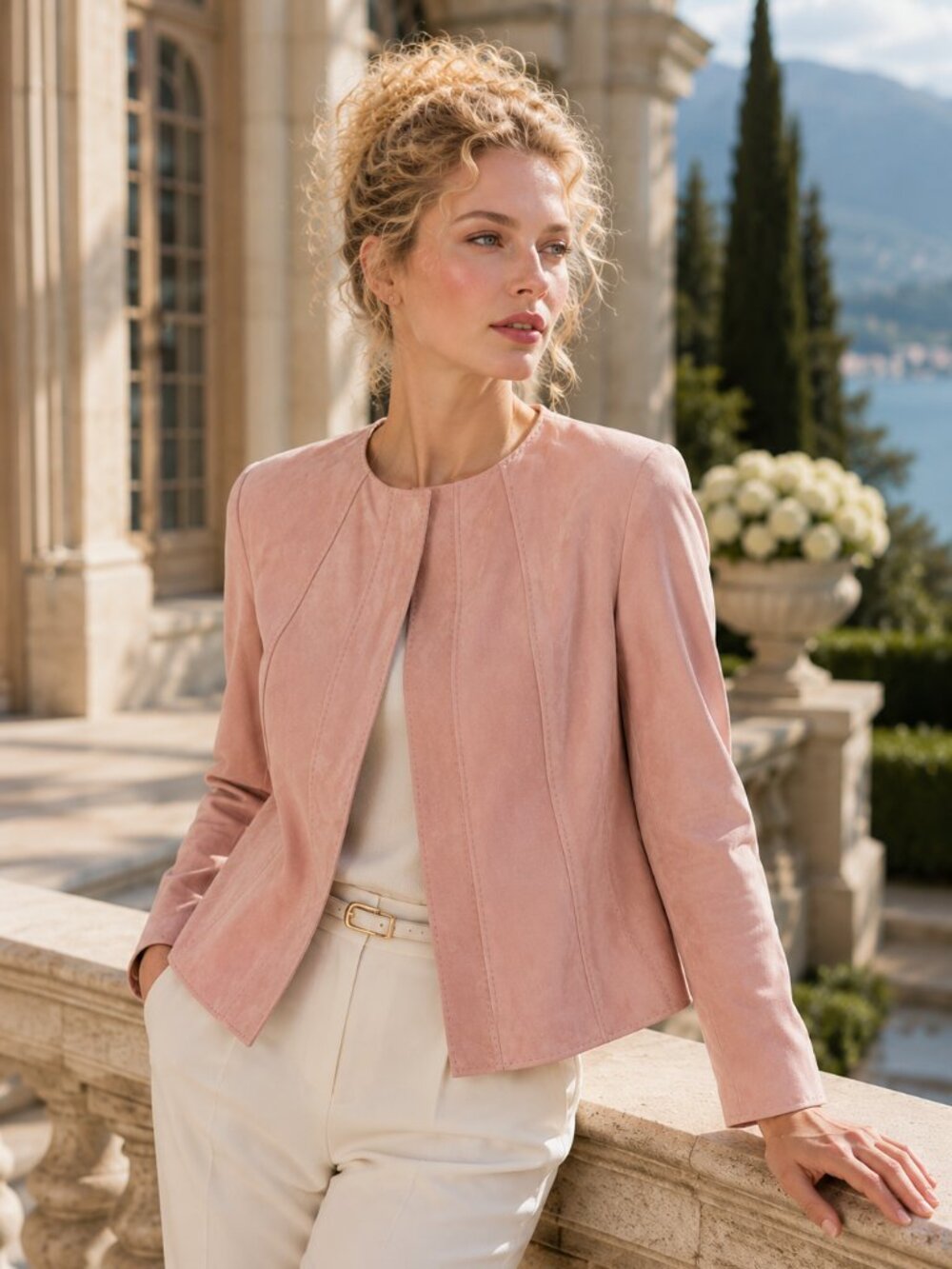 ESCADA VINTAGE Pink Suede Moto Jacket 42 Lambskin Luxury Statement Leather